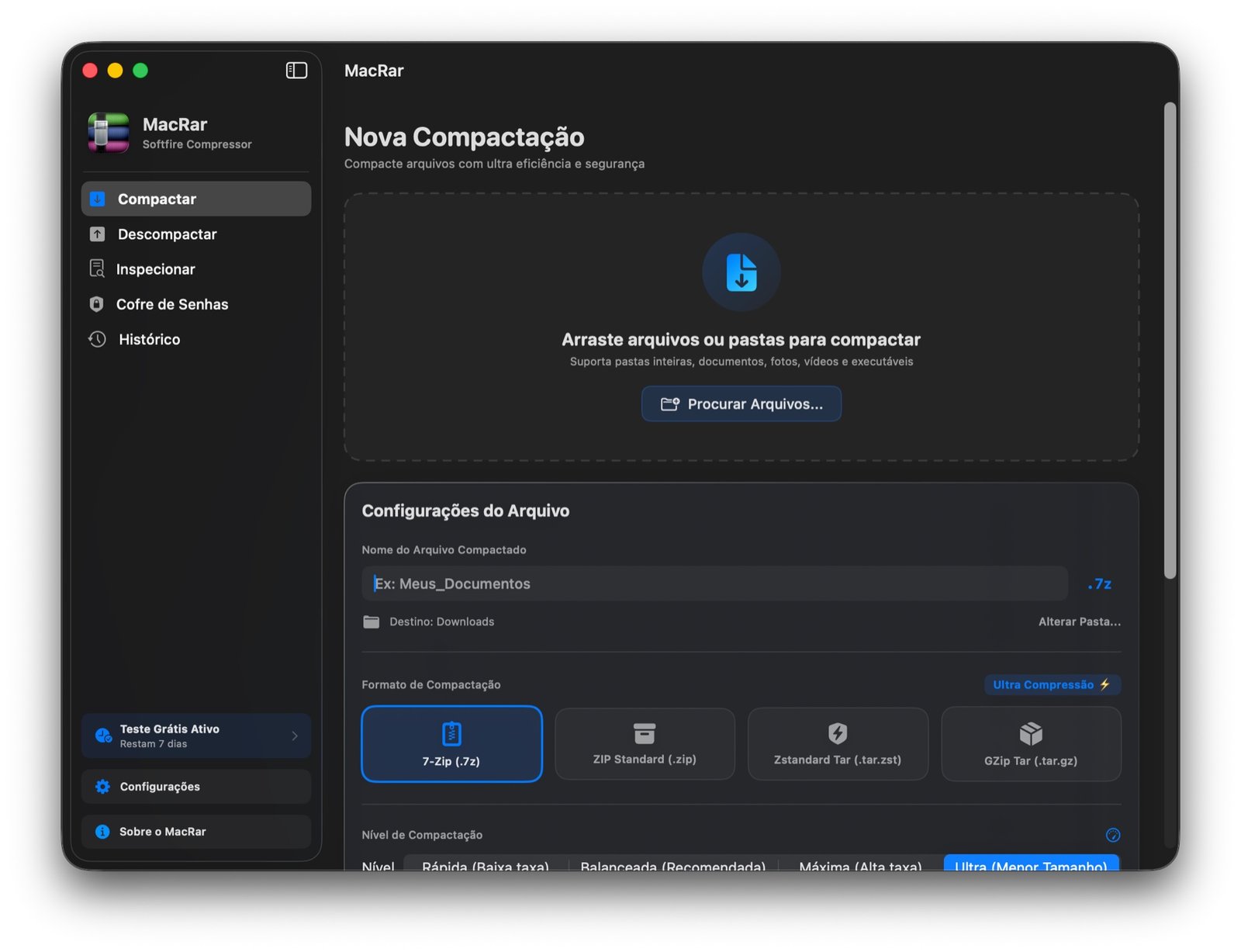 Interface de compactação do MacRar